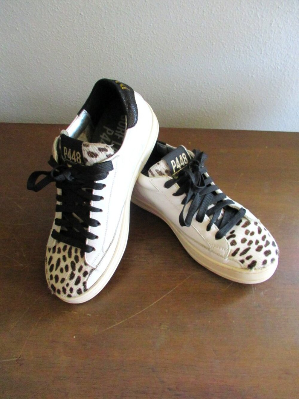 P448 John Leather & Calf Hair Gold Black Leopard Sneakers